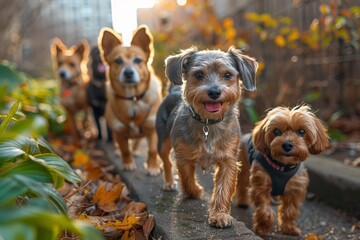 Professional dog walking: Different breeds mingling on city sidewalks - obrazy, fototapety, plakaty