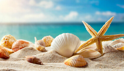 Fototapeta na wymiar Seashells and sand background. Summer beach sea background.