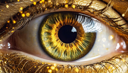 Science and art focus falls on human eye radiating ethereal golden shimmer masterpiece of nature and technology intertwined closeup captures intricate beauty of human - obrazy, fototapety, plakaty