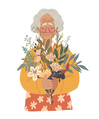 Old Asian Woman Holding Bouquet of Flowers