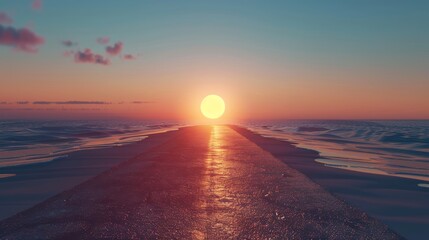 An empty road leading towards a rising sun, rendered in 3D, symbolizing new beginnings, hope, and the journey towards success