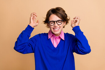 Photo portrait of attractive young woman angry reaction grimace wear trendy blue clothes isolated...