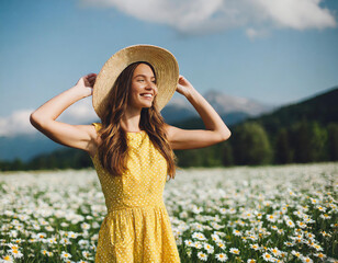 Young Woman Enjoying Summer in Daisy Field.A radiant young woman in a straw hat and yellow dress smiles warmly amidst a field of blooming daisies, embodying the essence of summer