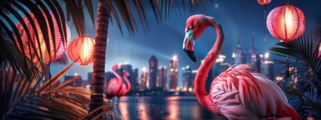 A colorful flamingo and palm trees, perty- showtime, summer paradise, in retro style. Bright neon colors. 