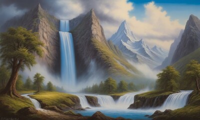 This image showcases majestic waterfalls flowing from high mountain cliffs into a tranquil river below. Mist from the cascading waters blankets the lush greenery, creating a serene atmosphere. AI - obrazy, fototapety, plakaty