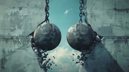 An illustration of two wrecking balls breaking down a wall together, symbolizing the power of collaboration and overcoming barriers in unity - obrazy, fototapety, plakaty
