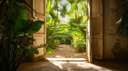 Fototapeta na wymiar An open door invitingly leads to a lush tropical garden, symbolizing new opportunities, growth, and the opening of new paths in life or business