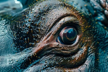 Close-up Detail of a Reptilian Eye with Textured Skin and Vibrant Yellow Eyelashes - obrazy, fototapety, plakaty