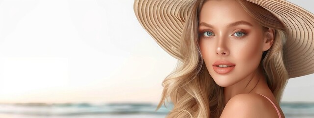 Portrait of a young, attractive, blond woman wearing bikini and straw hat. Isolated on transparent background, no background. - obrazy, fototapety, plakaty