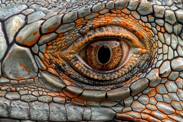 Close-up Detailed View of Iguana Eye and Scaly Skin Texture in High Resolution