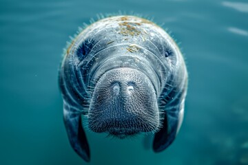 Close-Up of a Playful Manatee Swimming in Clear Blue Water with Sunlight Reflecting on Its Back