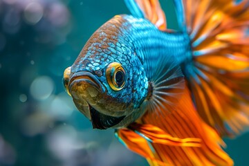Close-up of a Vibrant Betta Fish with Electric Blue and Orange Fins Swimming Elegantly in Aquarium Water - obrazy, fototapety, plakaty