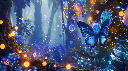 Enchanted forest grove with glowing liquid flora, hexagonal fairy light patterns, a mystical butterfly, an enchanted grove compass, and powder color-infused acrylic watercolor balloons - obrazy, fototapety, plakaty