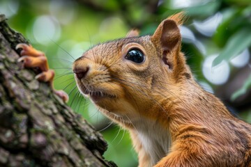 Close-up of Alert Eastern Gray Squirrel Clinging to a Tree in Lush Green Environment