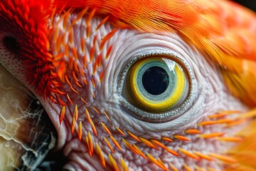 Close-up of Vivid Orange Parrot Eye and Feather Detail - Wildlife Photography