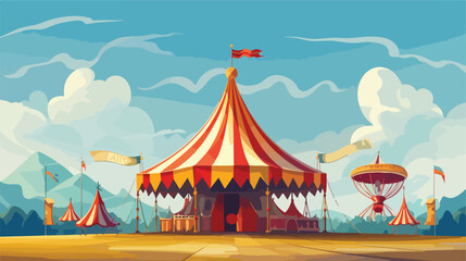 Circus wheel and tent design flat cartoon vector il - obrazy, fototapety, plakaty