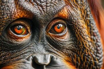Close-up Portrait of a Bornean Orangutan with Vivid Orange Eyes and Detailed Facial Texture - obrazy, fototapety, plakaty