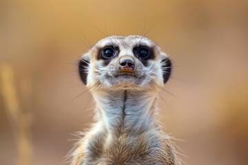 Fototapeta premium Close-up Portrait of a Curious Meerkat on Alert in Natural Habitat with Warm Sunset Colors Background