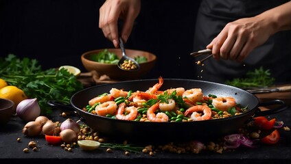 Cook preparing seafood shrimp in a pan. Generative AI.