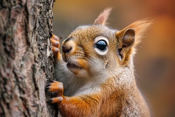 Close-up Portrait of a Curious Squirrel Clinging to a Tree in Autumnal Woods with Vivid Orange Background