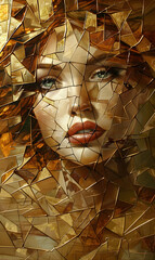 A beautiful woman's face made of broken pieces, abstract oil painting in the cubism style, golden and brown tones
