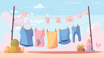 Naklejka na ściany i meble Clean clothes hanging out on washing line flat vector