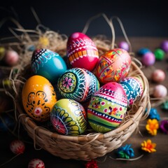 Fototapeta premium Decorated easter eggs in a basket with colorful happy colors