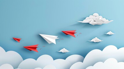 White and red paper airplanes flying together in a blue sky, a creative concept of business success and leadership in paper craft art style