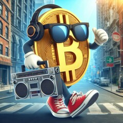 A grooving Bitcoin character dances through a cityscape, radiating retro vibes with its classic boombox. The morning sun adds a dreamy quality to this urban cryptocurrency scene. AI generation