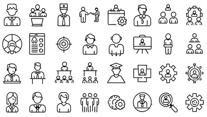 Simple Set of Business Management Related Vector Line Icons. Contains such Icons as Inspector, Personal Quality, Employee Management and more icons