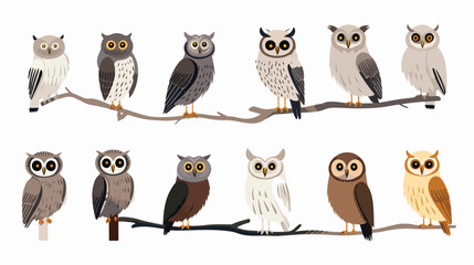 Collection of species of owls forest birds flat 
