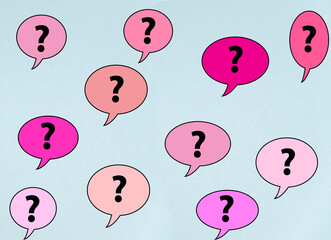 Speech bubbles with questions on blue background 