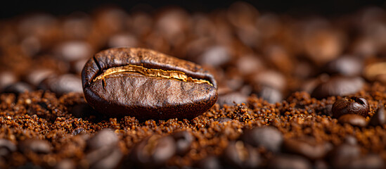 close up of a coffee bean on grounded coffe  