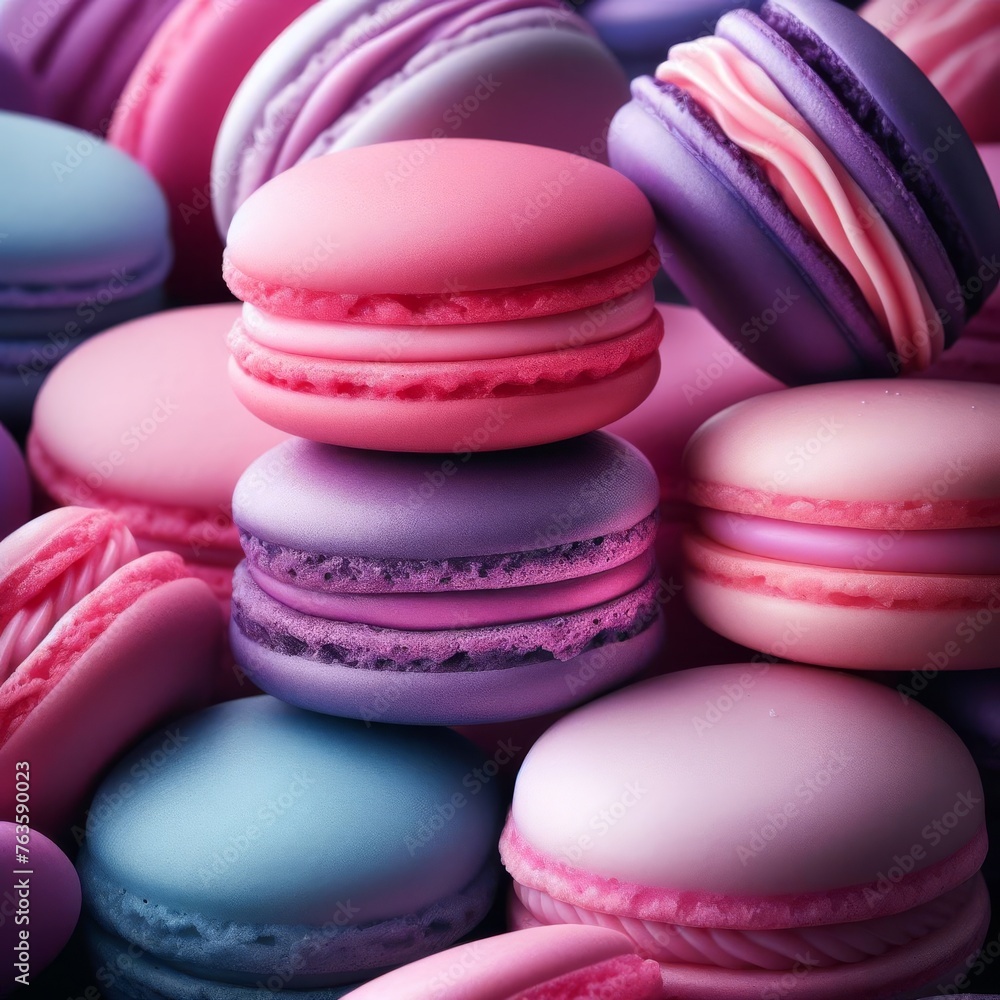 Poster a vibrant array of pastel-colored macarons stacked casually, showcasing their delicate and smooth sh