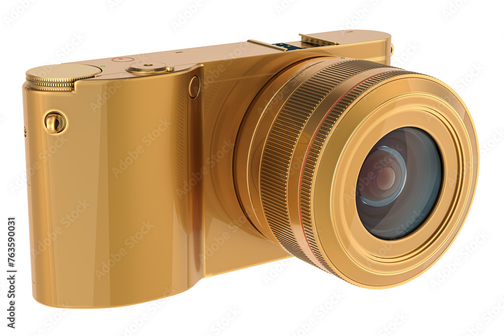 Poster golden mirrorless digital camera, 3d rendering isolated on transparent background