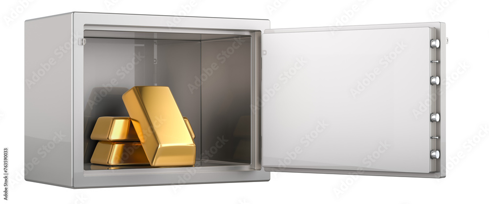 Poster golden ingots inside safe with combination lock, 3d rendering isolated on transparent background