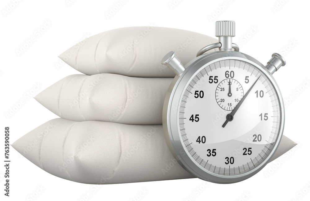 Poster heap of pillows with stopwatch, 3d rendering isolated on transparent background