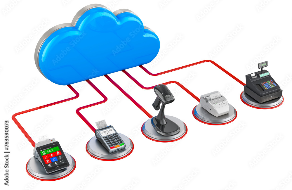 Poster server communication with trading, banking equipment. computer cloud with pos equipment. 3d renderin