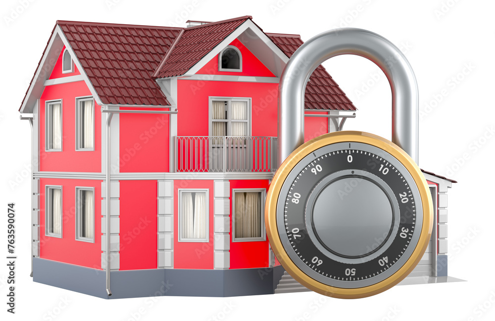 Poster house with dial combination lock. security and protection, concept. 3d rendering isolated on transpa