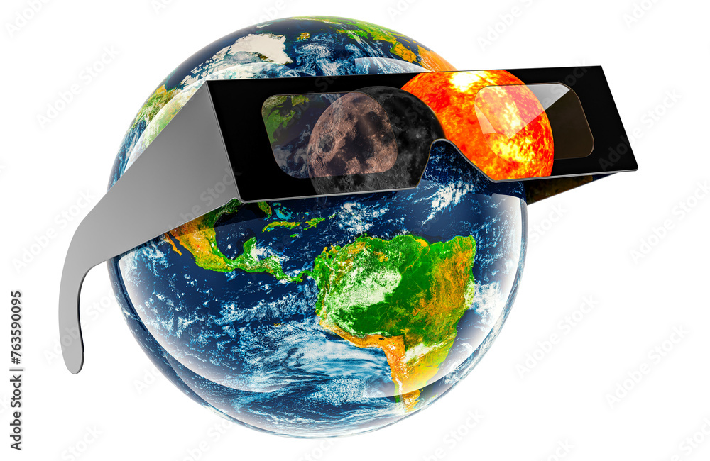 Poster solar eclipse, concept. earth globe with solar eclipse glasses. 3d rendering isolated on transparent