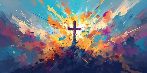 abstract digital art of the cross, background is an explosion of colors and shapes