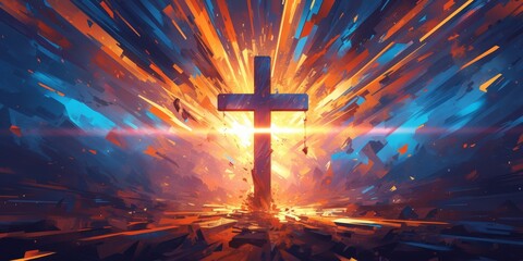 abstract digital art of the cross, background is an explosion of colors and shapes - obrazy, fototapety, plakaty