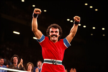 A mustachioed, curly, dark-haired boxer in a red sports uniform triumphantly raises his fists as a sign of victory in the boxing ring against the dark background of stands with fans. 
