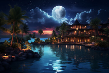 Tropical resort at night, panoramic view with moon and stars on the sky, generated by AI
