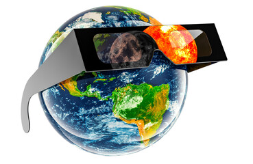 Solar Eclipse, concept. Earth Globe with solar eclipse glasses. 3D rendering isolated on transparent background
