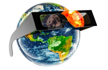 Papier Peint photo autocollant Échelle de hauteur Solar Eclipse, concept. Earth Globe with solar eclipse glasses. 3D rendering isolated on transparent background