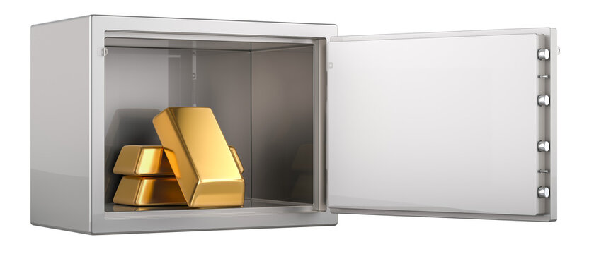Golden Ingots inside safe with combination lock, 3D rendering isolated on transparent background