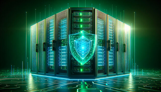 Advanced server racks in a green color scheme, safeguarded by a semi-transparent holographic shield symbolizing cybersecurity.