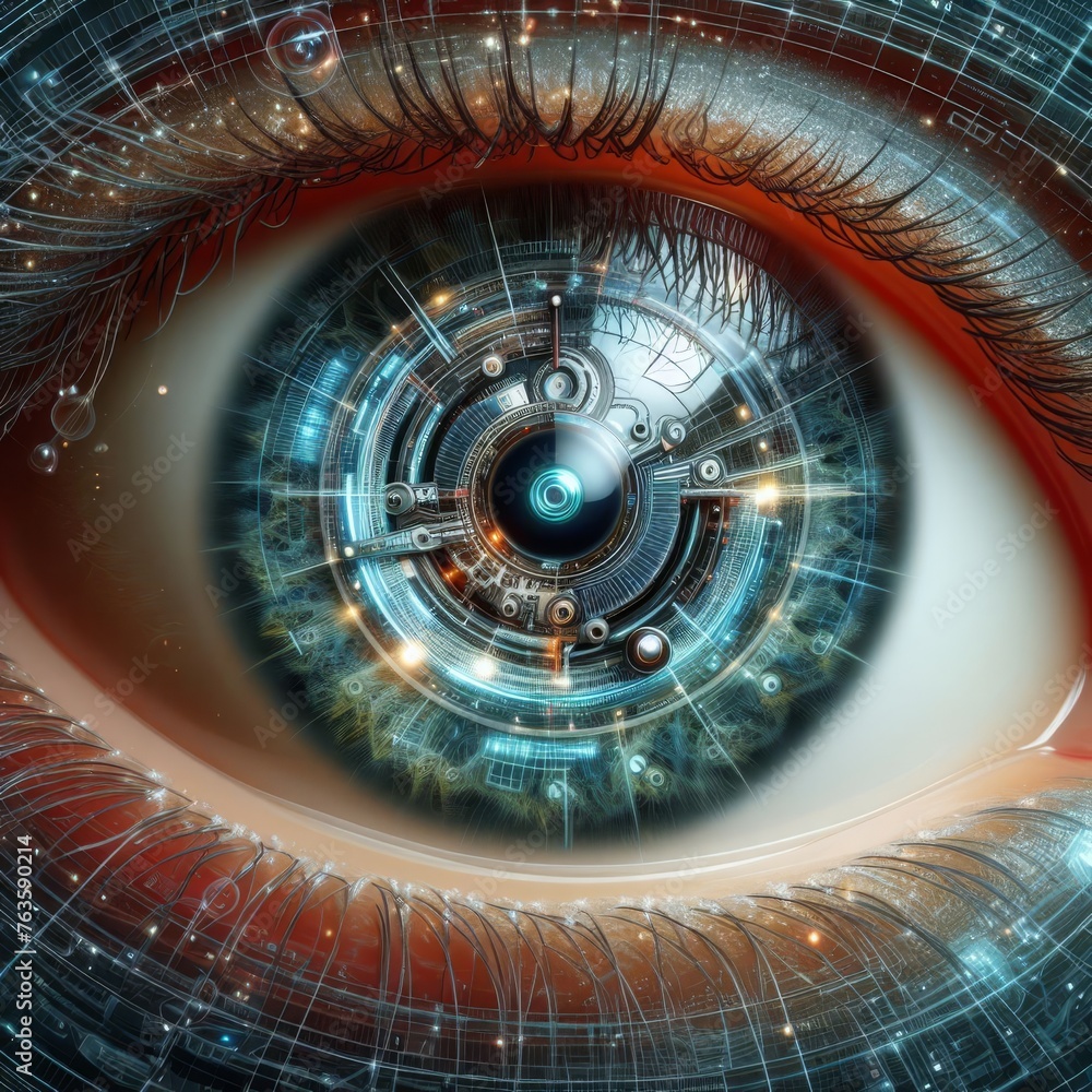 Poster An intricate cybernetic eye gazes forward, reflecting advanced biometric technology and artificial intelligence. The image captures the convergence of human biology with machine intelligence. AI
