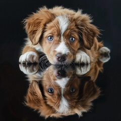 Cute puppy dog reflections on black background
